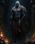 GRID THUMBNAIL — A towering muscular warrior with long hair, fur cloak, round shield and bloodied sword, standing in dripping, candlelit stone ruins.