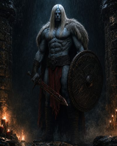 GRID THUMBNAIL — A towering muscular warrior with long hair, fur cloak, round shield and bloodied sword, standing in dripping, candlelit stone ruins.