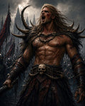 GRID THUMBNAIL — A blood-smeared human berserker roars in spiked fur and bone armour, skull belt prominent, with massed soldiers and red banners under a stormy sky.