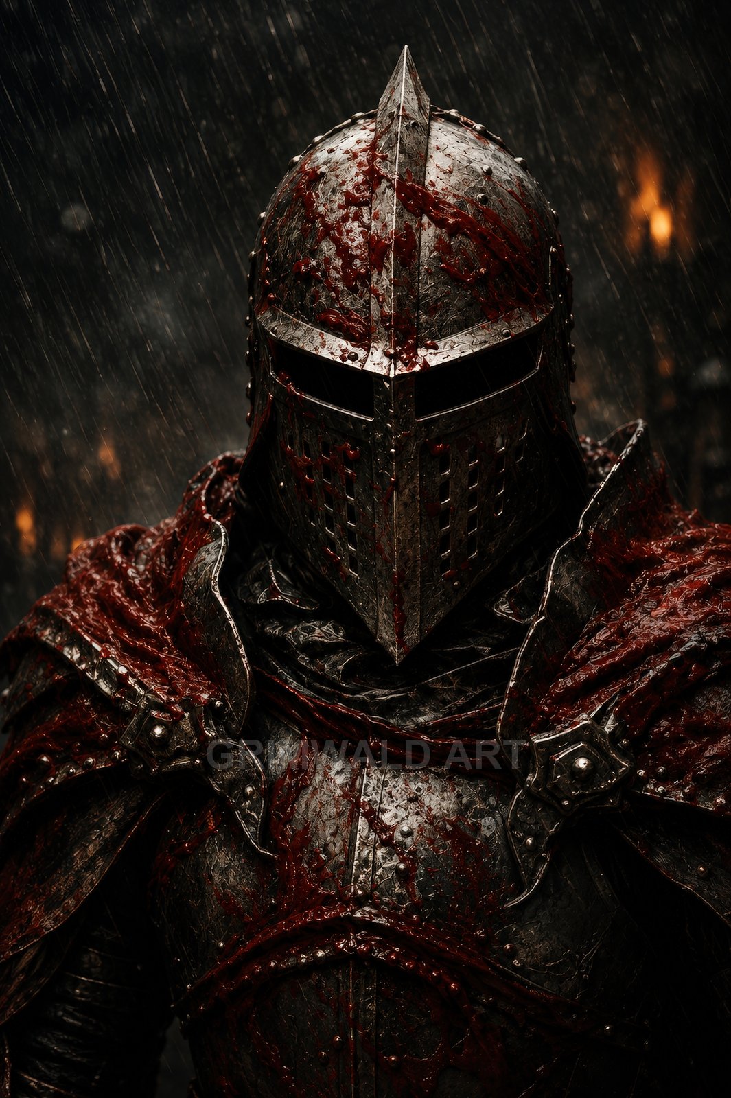 Close-up of a medieval knight in blood-splattered black armour under heavy rain, visor down, torchlight glowing faintly in the dark background.