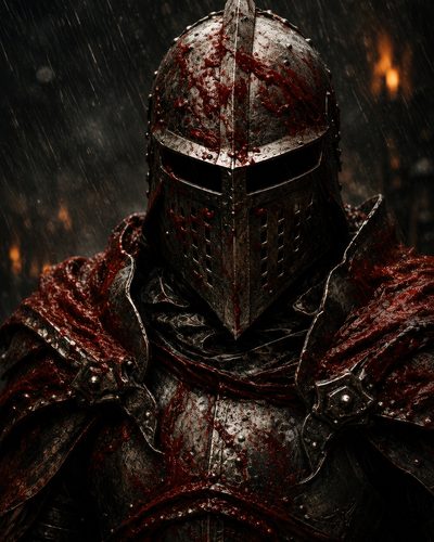 GRID THUMBNAIL — Close-up of a medieval knight in blood-splattered black armour under heavy rain, visor down, torchlight glowing faintly in the dark background.