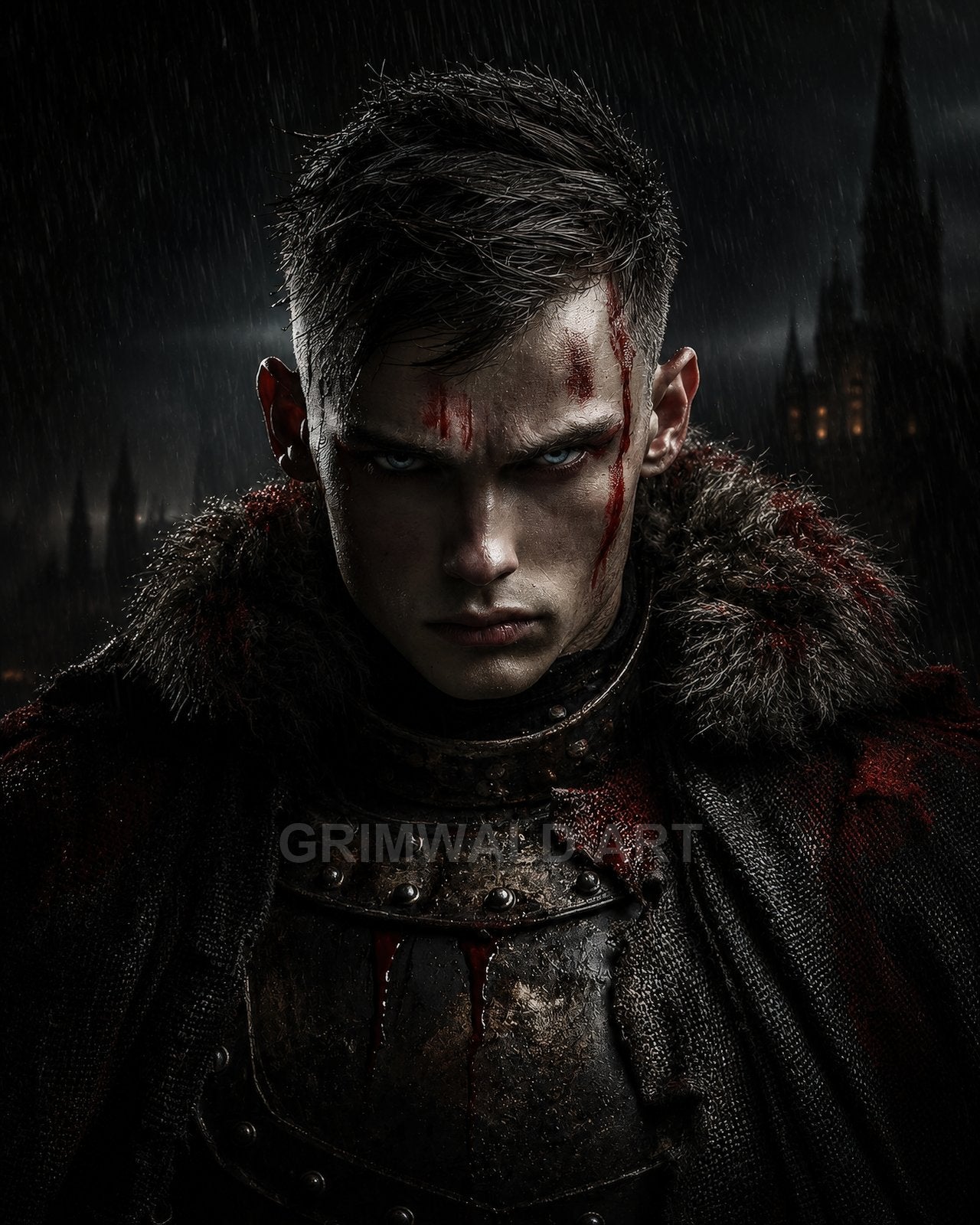 Brooding male warrior in bloodstained armour and fur cloak stands in pouring rain before gothic spires, lit by dim night, intense expression.