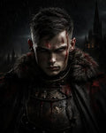 GRID THUMBNAIL — Brooding male warrior in bloodstained armour and fur cloak stands in pouring rain before gothic spires, lit by dim night, intense expression.