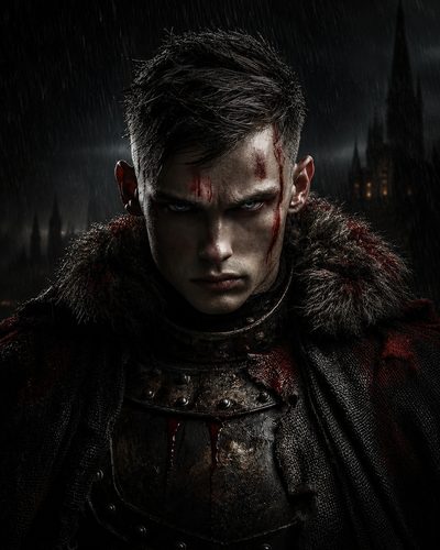 GRID THUMBNAIL — Brooding male warrior in bloodstained armour and fur cloak stands in pouring rain before gothic spires, lit by dim night, intense expression.