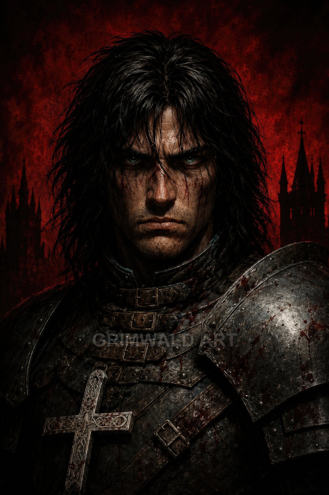 Brooding male paladin in blood-splattered plate armour with a large cross, framed by a crimson backdrop and silhouetted gothic cathedral spires.