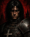 GRID THUMBNAIL — Brooding male paladin in blood-splattered plate armour with a large cross, framed by a crimson backdrop and silhouetted gothic cathedral spires.