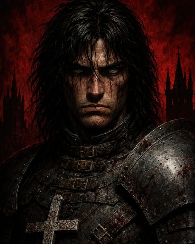 GRID THUMBNAIL — Brooding male paladin in blood-splattered plate armour with a large cross, framed by a crimson backdrop and silhouetted gothic cathedral spires.