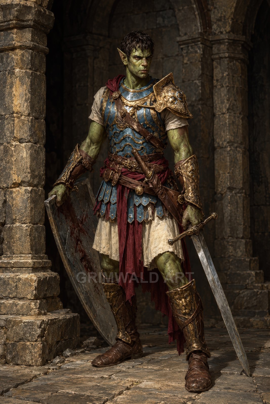 Green-skinned orc warrior in ornate blue and gold armour stands in stone ruins, holding a bloodstained shield and sword, lit by soft daylight.