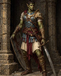 GRID THUMBNAIL — Green-skinned orc warrior in ornate blue and gold armour stands in stone ruins, holding a bloodstained shield and sword, lit by soft daylight.