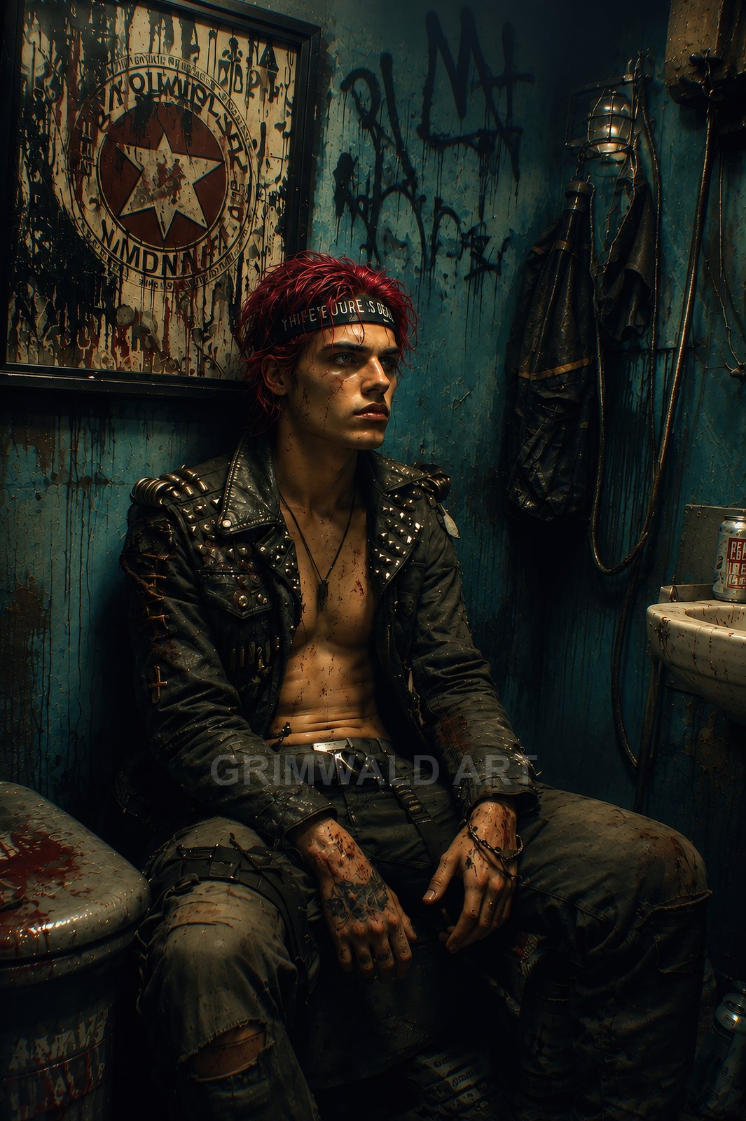 A punk man with red hair and a studded jacket sits shirtless in a grimy, graffiti-covered bathroom, blood-specked and brooding under dim industrial light.