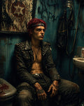 GRID THUMBNAIL — A punk man with red hair and a studded jacket sits shirtless in a grimy, graffiti-covered bathroom, blood-specked and brooding under dim industrial light.