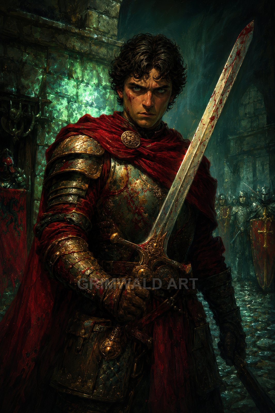 Armoured knight in a red cloak holds a bloodied sword in a dark castle corridor, stern expression, guards and banners looming behind.