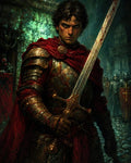 GRID THUMBNAIL — Armoured knight in a red cloak holds a bloodied sword in a dark castle corridor, stern expression, guards and banners looming behind.