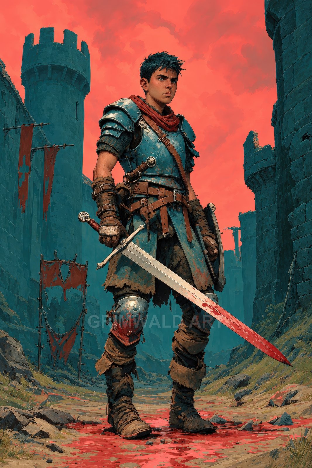 Armoured warrior stands in a ruined castle beneath a red sky, gripping a bloodied sword with a shield at his side and torn banners.