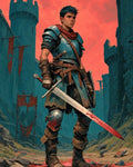 GRID THUMBNAIL — Armoured warrior stands in a ruined castle beneath a red sky, gripping a bloodied sword with a shield at his side and torn banners.