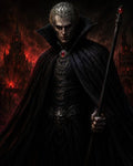 GRID THUMBNAIL — A pale vampire noble in a black high-collared cloak grips a jewelled staff before burning gothic castles under a dark, firelit sky.