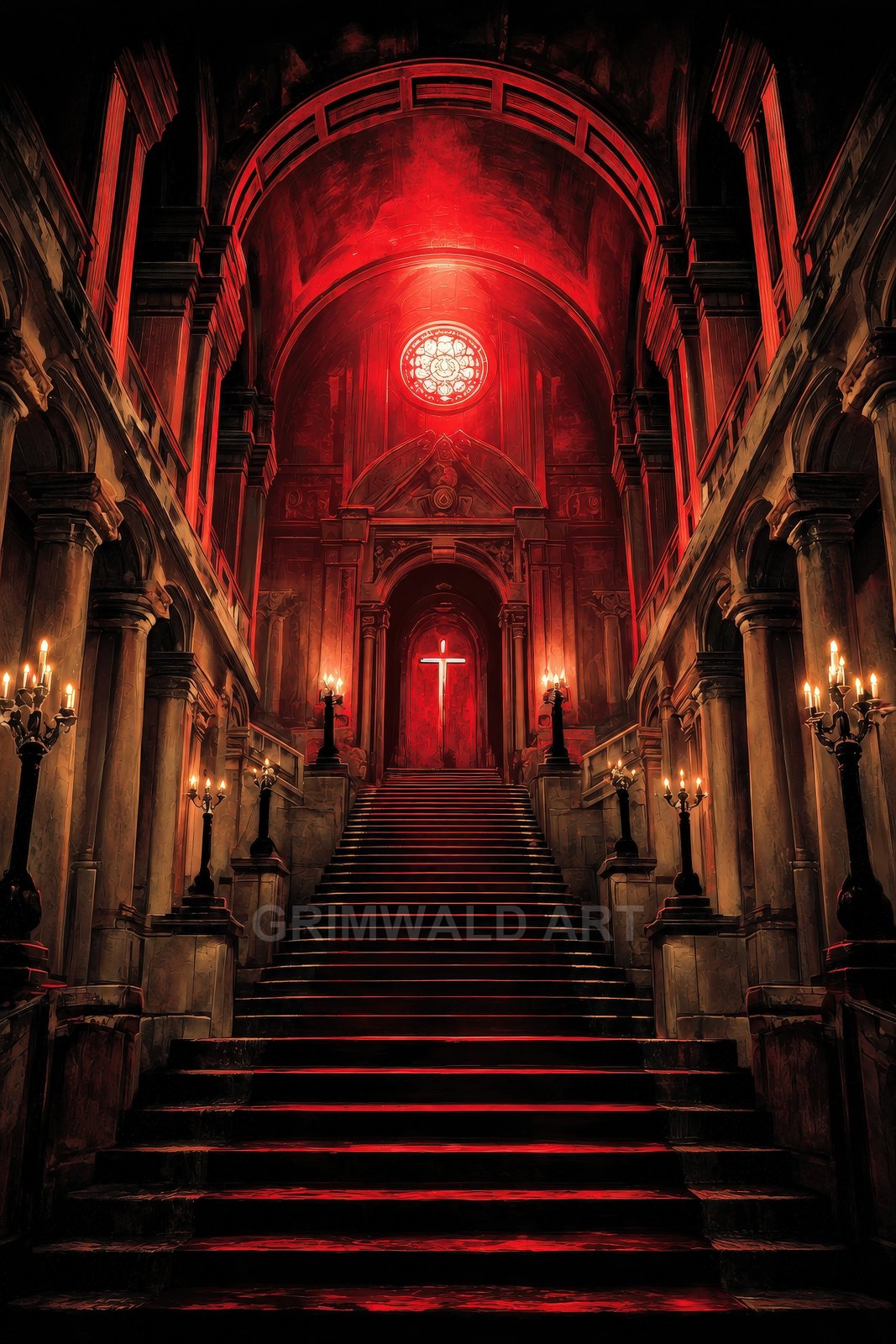 A vast gothic cathedral interior with a sweeping marble staircase, crimson illumination, tall candelabras, arched columns, and a glowing cross at the far doorway.