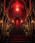 GRID THUMBNAIL — A vast gothic cathedral interior with a sweeping marble staircase, crimson illumination, tall candelabras, arched columns, and a glowing cross at the far doorway.