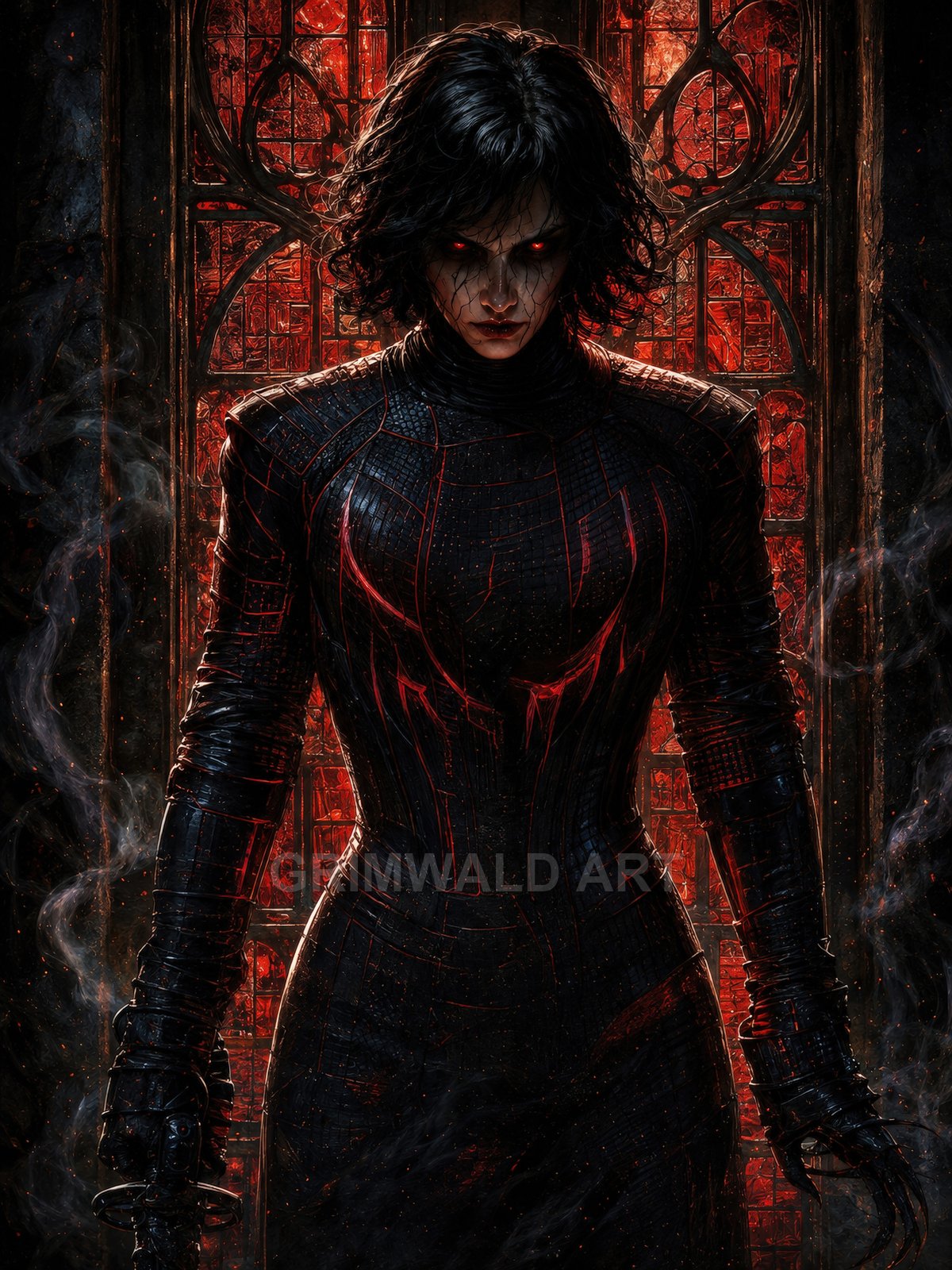 Black-haired female vampire in dark sculpted armour before a blood-red stained-glass window, eyes glowing as smoke swirls through a shadowed gothic interior.