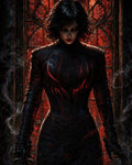 GRID THUMBNAIL — Black-haired female vampire in dark sculpted armour before a blood-red stained-glass window, eyes glowing as smoke swirls through a shadowed gothic interior.