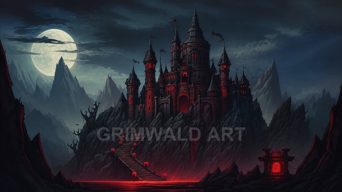 Gothic black castle on jagged mountains glows red, approached by torch-lined stairs above a crimson pool, beneath a vast full moon and stormy night sky.