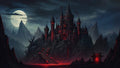 GRID THUMBNAIL — Gothic black castle on jagged mountains glows red, approached by torch-lined stairs above a crimson pool, beneath a vast full moon and stormy night sky.