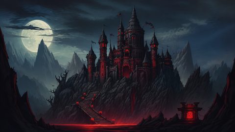 GRID THUMBNAIL — Gothic black castle on jagged mountains glows red, approached by torch-lined stairs above a crimson pool, beneath a vast full moon and stormy night sky.