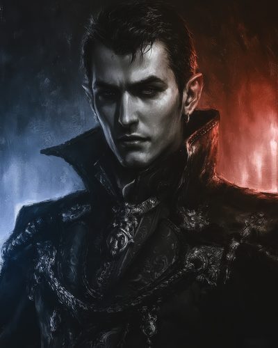 GRID THUMBNAIL — Gothic portrait of a male vampire in ornate black armour and high collar, rim-lit by cold blue and fiery red light.