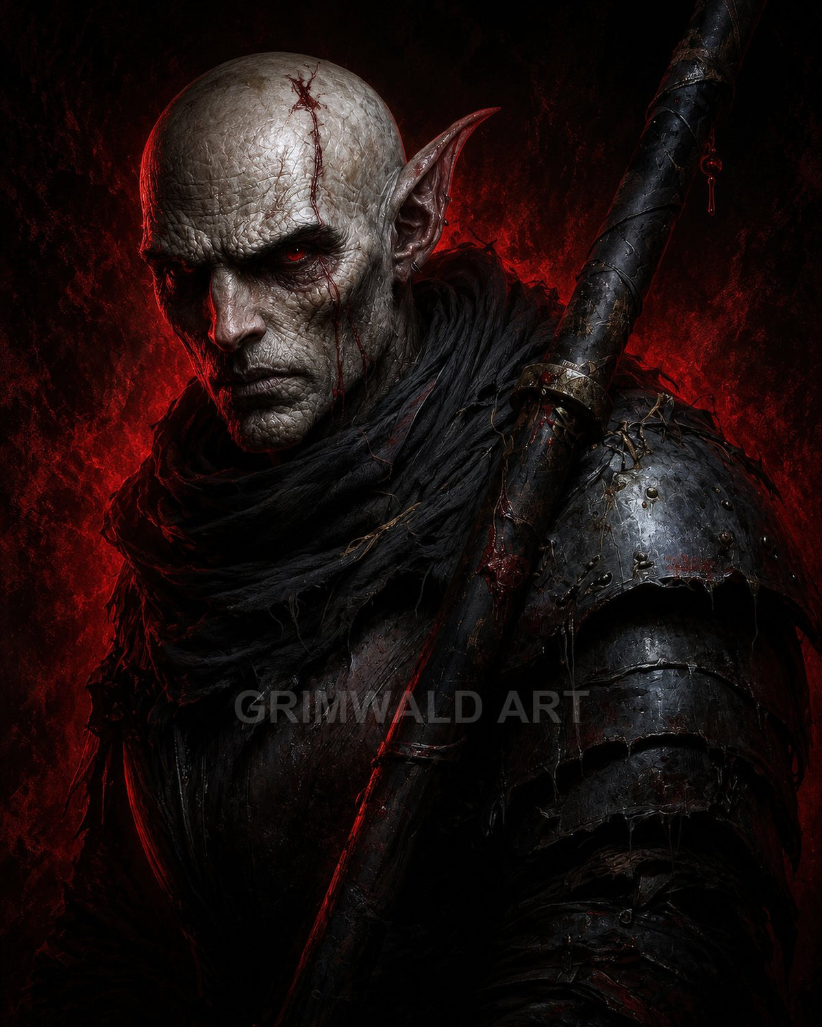 Close-up portrait of a bald, scarred elf warrior with glowing red eyes, black armour and staff, lit by ominous red firelight.