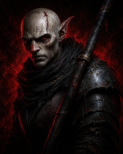 GRID THUMBNAIL — Close-up portrait of a bald, scarred elf warrior with glowing red eyes, black armour and staff, lit by ominous red firelight.