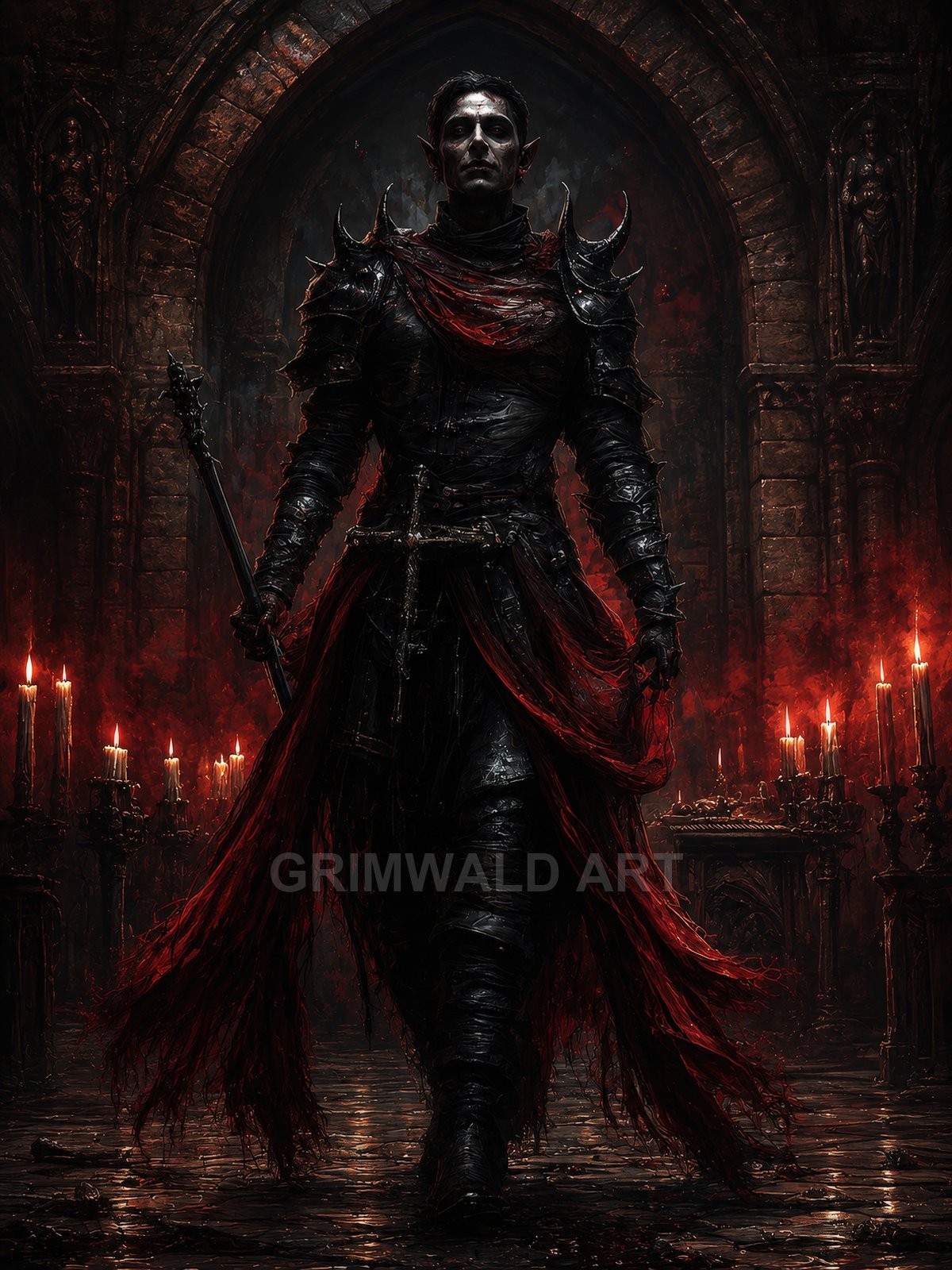 Armoured elf with a tattered red cloak strides through a candlelit gothic cathedral, gripping a staff as crimson smoke glows around him.
