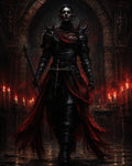 GRID THUMBNAIL — Armoured elf with a tattered red cloak strides through a candlelit gothic cathedral, gripping a staff as crimson smoke glows around him.
