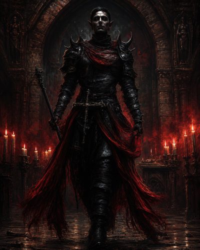 GRID THUMBNAIL — Armoured elf with a tattered red cloak strides through a candlelit gothic cathedral, gripping a staff as crimson smoke glows around him.