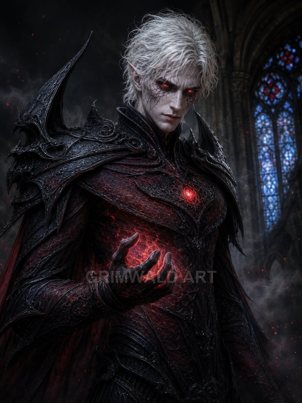 Pale, red-eyed elf-like vampire warlock in ornate black armour conjures crimson energy in a gothic cathedral, with a glowing chest gem and cracked skin.