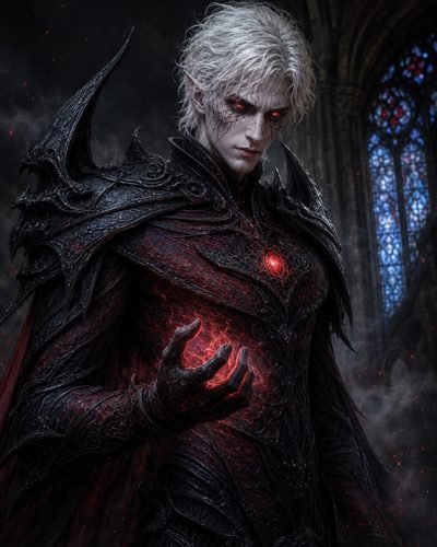 GRID THUMBNAIL — Pale, red-eyed elf-like vampire warlock in ornate black armour conjures crimson energy in a gothic cathedral, with a glowing chest gem and cracked skin.