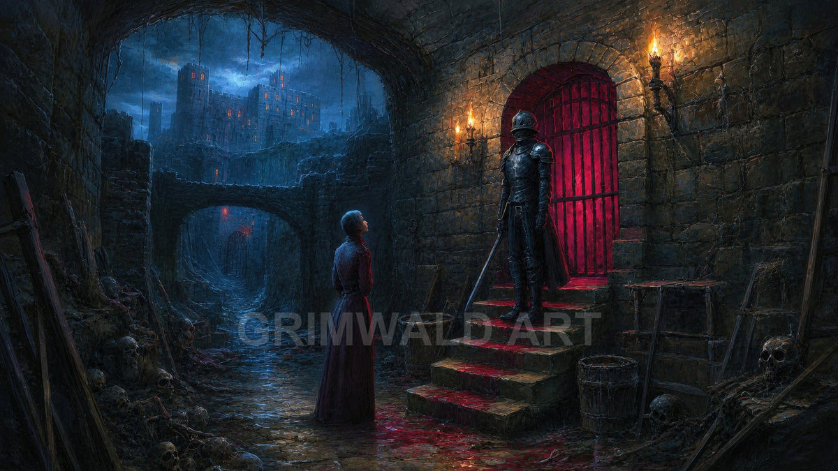A moonlit dungeon corridor with skulls and bones, a bloodlit barred gate, an armoured guard on steps, and a lone visitor under torches.