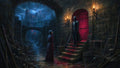 GRID THUMBNAIL — A moonlit dungeon corridor with skulls and bones, a bloodlit barred gate, an armoured guard on steps, and a lone visitor under torches.