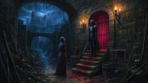 GRID THUMBNAIL — A moonlit dungeon corridor with skulls and bones, a bloodlit barred gate, an armoured guard on steps, and a lone visitor under torches.