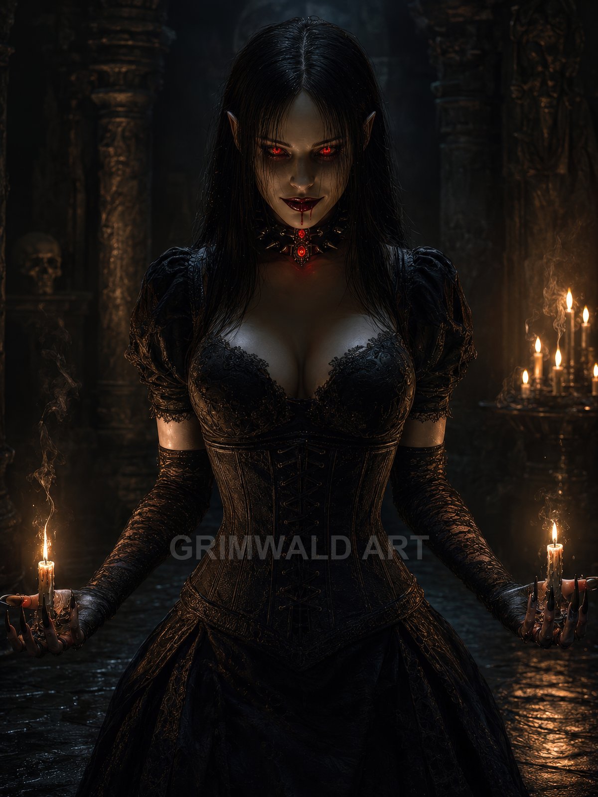 Gothic female vampire with glowing red eyes holds two burning candles in a dark crypt, wearing black lace corset, gloves, and a jewelled spiked choker.