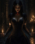 GRID THUMBNAIL — Gothic female vampire with glowing red eyes holds two burning candles in a dark crypt, wearing black lace corset, gloves, and a jewelled spiked choker.