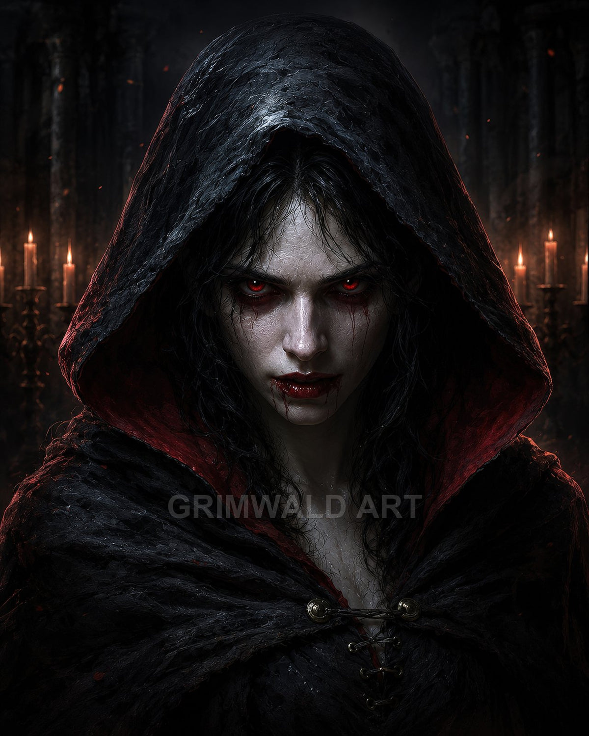 Close-up of a female vampire in a black hooded cloak, red eyes glowing, blood on lips, candles and stone columns in a dark cathedral.
