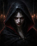 GRID THUMBNAIL — Close-up of a female vampire in a black hooded cloak, red eyes glowing, blood on lips, candles and stone columns in a dark cathedral.
