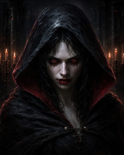GRID THUMBNAIL — Close-up of a female vampire in a black hooded cloak, red eyes glowing, blood on lips, candles and stone columns in a dark cathedral.