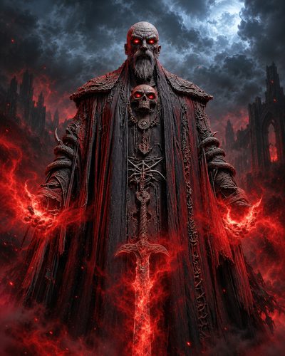 GRID THUMBNAIL — Towering necromancer in tattered robes, glowing red eyes and crackling sorcery, skull talismans and a flaming greatsword, set against moonlit gothic ruins and storm clouds.