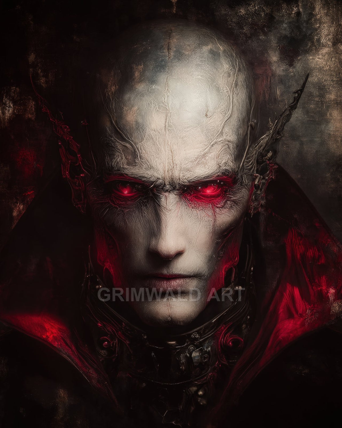 Close-up portrait of a pale, bald vampire with glowing red eyes, pointed ear-like ridges, and dark ornate collar against a shadowy background.