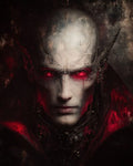 GRID THUMBNAIL — Close-up portrait of a pale, bald vampire with glowing red eyes, pointed ear-like ridges, and dark ornate collar against a shadowy background.