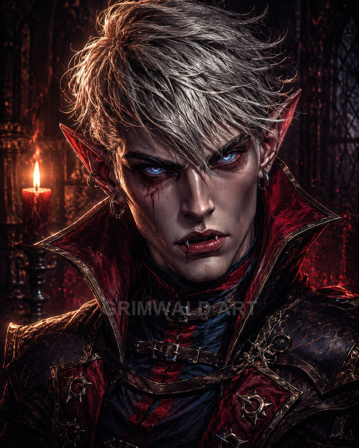 Close-up portrait of a pale vampire with pointed ears, glowing blue eyes and fangs, blood on lips, ornate red-black armour in candlelit castle.