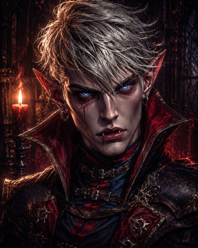 GRID THUMBNAIL — Close-up portrait of a pale vampire with pointed ears, glowing blue eyes and fangs, blood on lips, ornate red-black armour in candlelit castle.