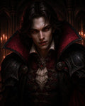 GRID THUMBNAIL — A pale male vampire with glowing red eyes and fangs, in black and crimson armour and ruffled cravat, before candles in a gothic castle.