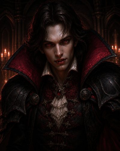 GRID THUMBNAIL — A pale male vampire with glowing red eyes and fangs, in black and crimson armour and ruffled cravat, before candles in a gothic castle.
